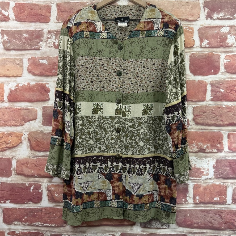 Vintage Carole Little Tunic Top Womens 12 Multicolor Boho Floral Patchwork Shirt